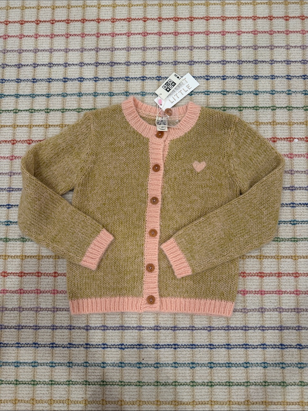 Bonton Green & Pink Heart Knit Cardigan